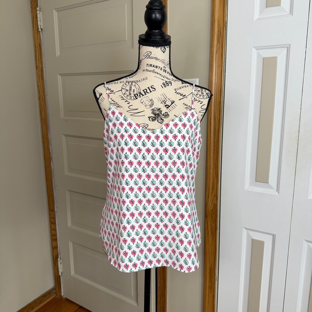 J.Crew Scalloped V-Neck Camisole Pink Teal Floral Print Top Size 4 Preppy Layers